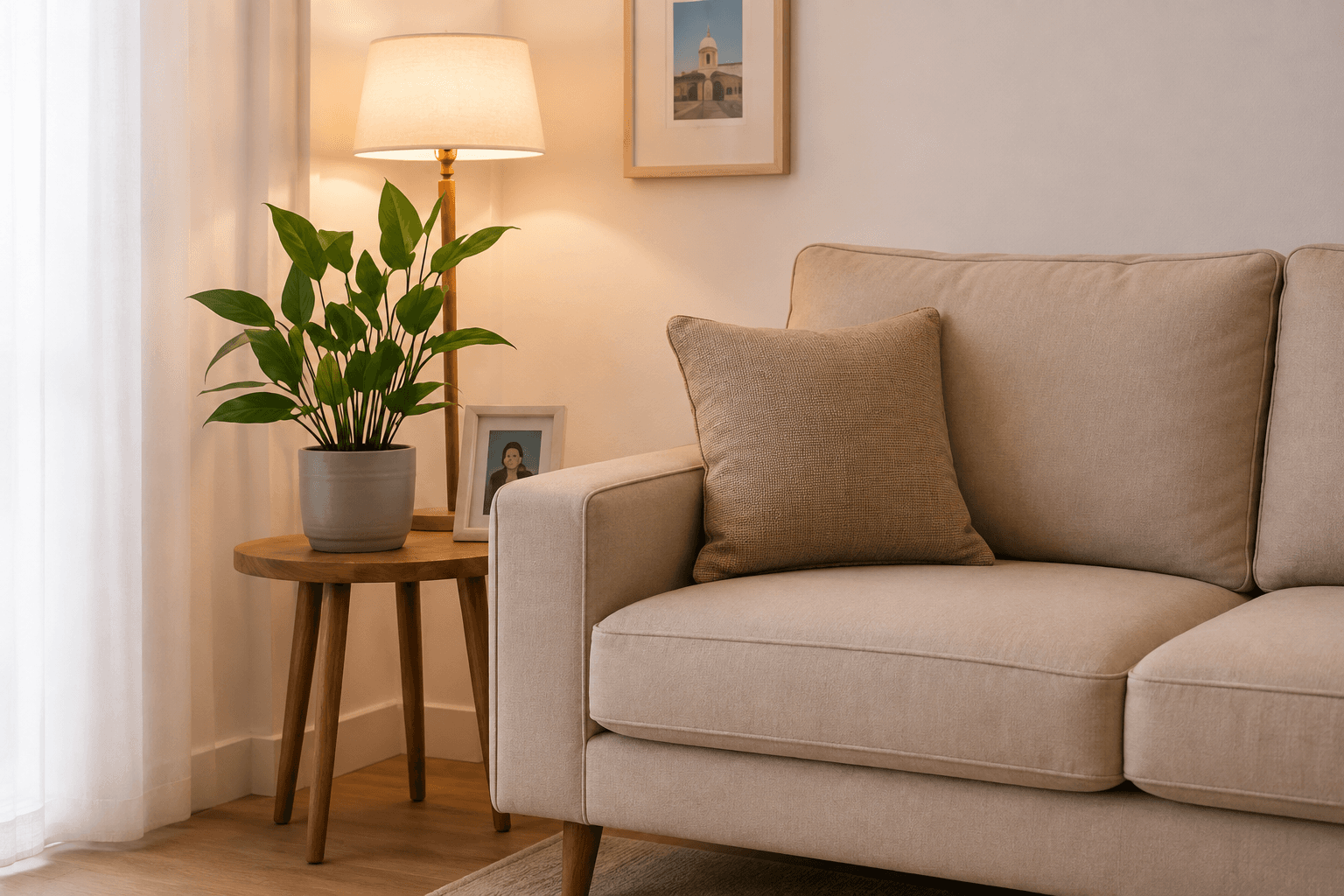 A warmly lit living room corner with a sofa, a reading lamp and a plant — an inviting, unoccupied space